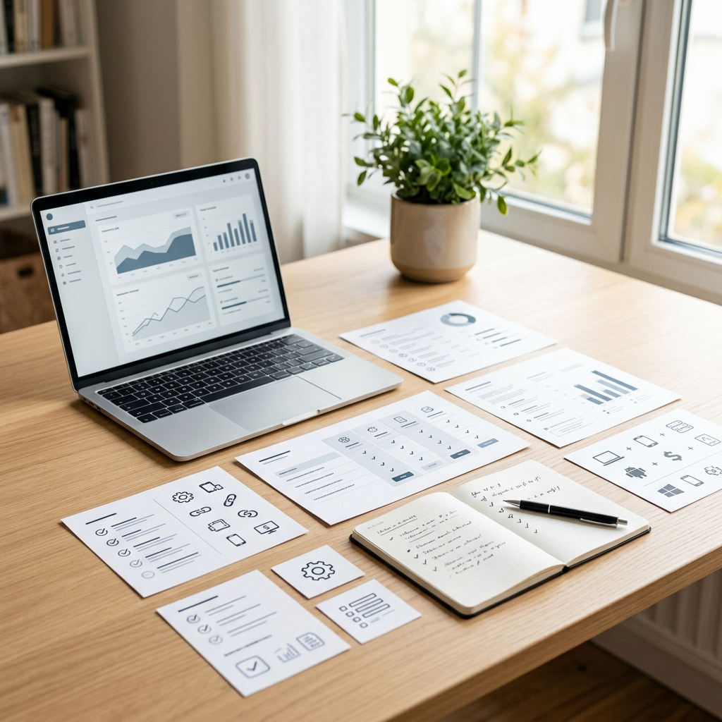Laptop with analytics dashboards, planning papers, notebook, and pen on desk