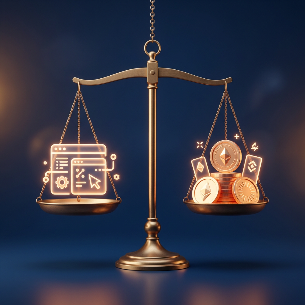 Balance scale contrasting digital tools on the left with cryptocurrency coins on the right