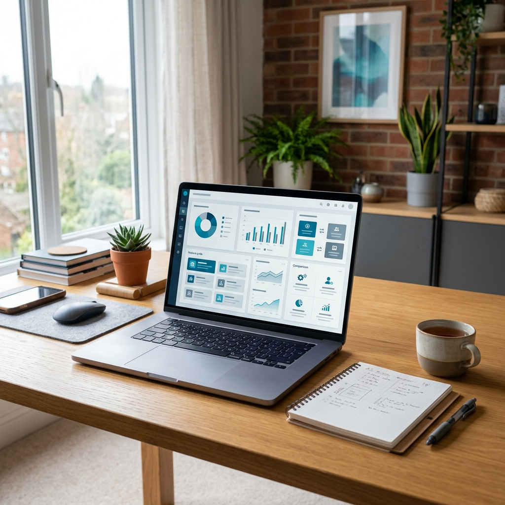 Realistic workspace with laptop software dashboard