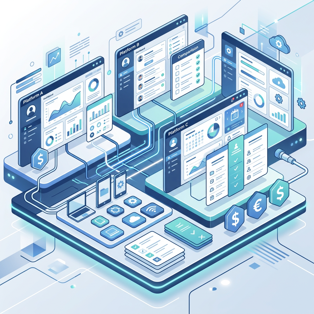 Isometric business dashboard showing platforms A, B, and C with analytics