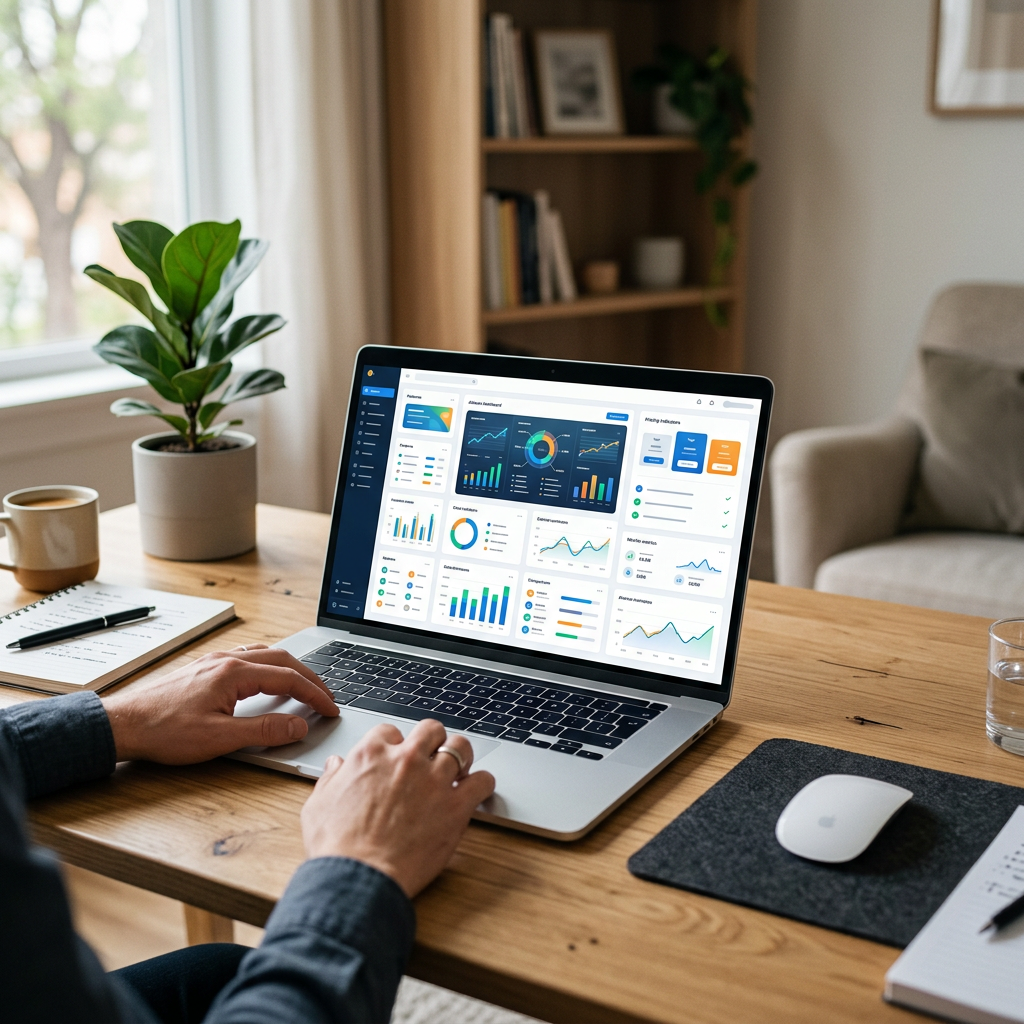 Person using laptop displaying colorful analytics dashboards at a home workspace